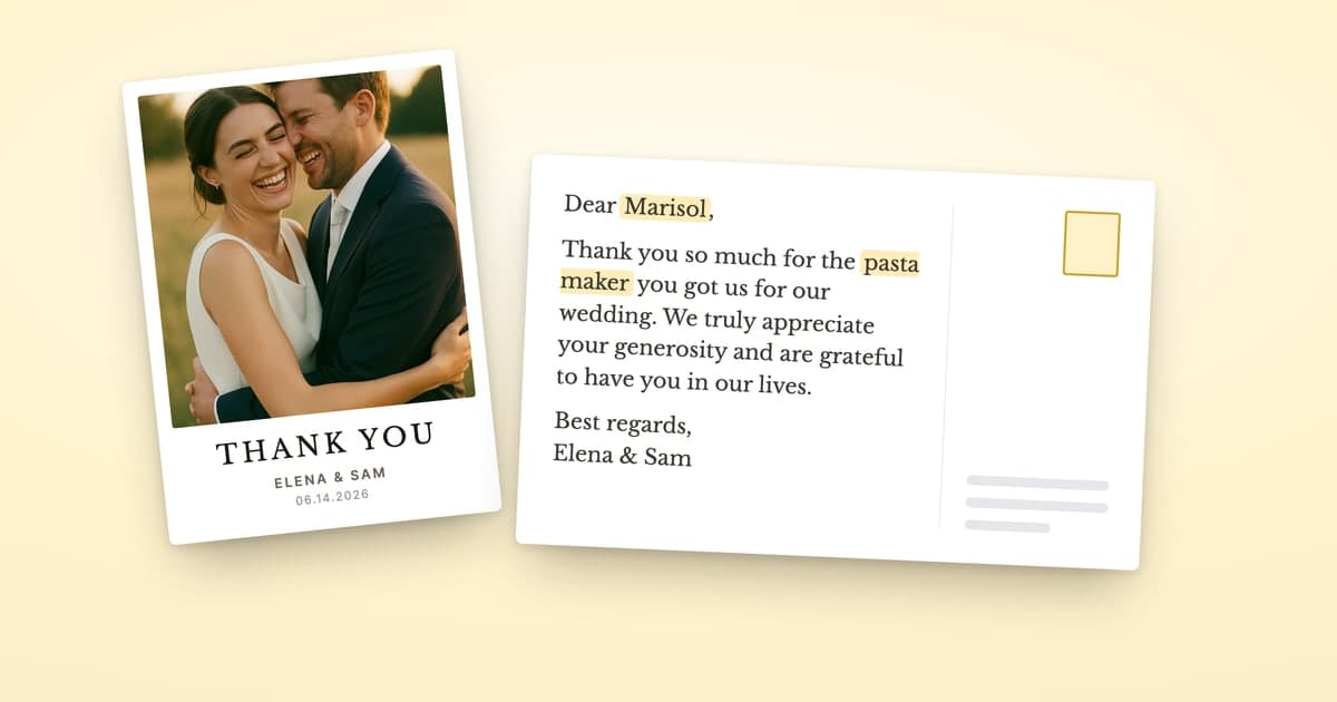 A ShipNote wedding thank-you postcard: a laughing couple on the THANK YOU front, and a back with the wedding card's default message thanking Marisol for the pasta maker, her name and the gift highlighted