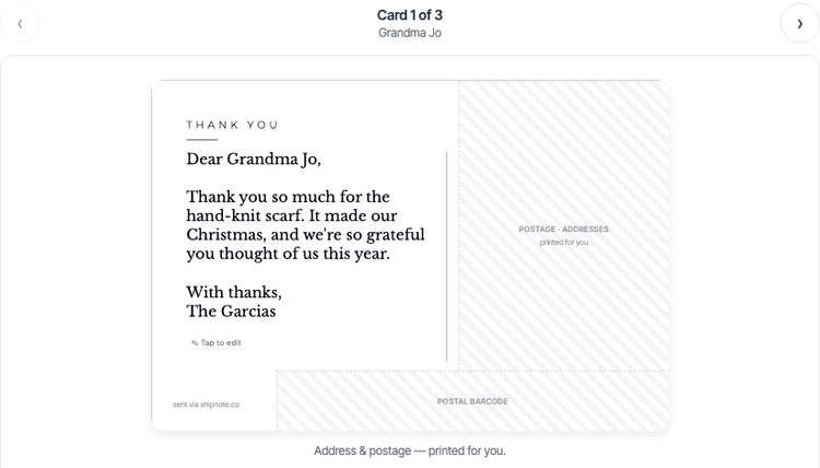 ShipNote's Review step showing card 1 of 3, for Grandma Jo, with the back reading "Dear Grandma Jo, Thank you so much for the hand-knit scarf. It made our Christmas, and we're so grateful you thought of us this year. With thanks, The Garcias"