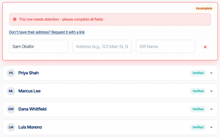 ShipNote's Add Recipients step after Next: Review, with Sam Okafor's row moved to the top and flagged: This row needs attention, the link Don't have their address? Request it with a link, and an empty address field; below it Priya Shah, Marcus Lee, Dana Whitfield and Luis Moreno, each with a green Verified badge
