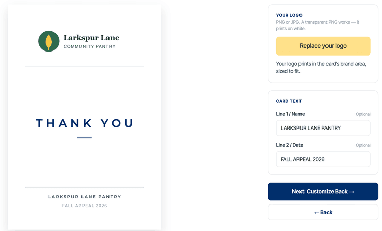 ShipNote's front editor on the Letterhead design: the Larkspur Lane Community Pantry logo above THANK YOU, with the lines LARKSPUR LANE PANTRY and FALL APPEAL 2026, and the logo upload and card text fields beside it