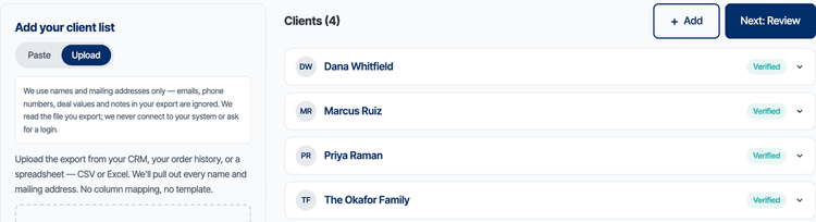 ShipNote's list step after uploading a donor spreadsheet: four donors, Dana Whitfield, Marcus Ruiz, Priya Raman and The Okafor Family, each marked Verified, under the heading Clients, beside the note that only names and mailing addresses are used and emails, phone numbers, deal values and notes in the export are ignored