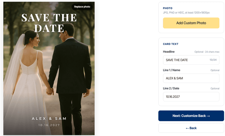 ShipNote's front editor for a save-the-date postcard: a photo of a bride and groom walking down a tree-lined path, with SAVE THE DATE across the top and ALEX & SAM and 10.16.2027 at the bottom, beside the photo upload and the Headline, Line 1 / Name and Line 2 / Date fields