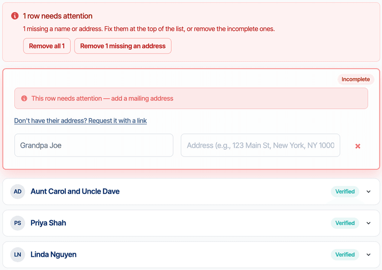 ShipNote's invitee list after pasting a guest list: Aunt Carol and Uncle Dave, Priya Shah and Linda Nguyen marked Verified, and a flagged row for Grandpa Joe with no address, reading "This row needs attention — add a mailing address" above the link "Don't have their address? Request it with a link"