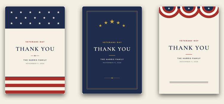 Three ShipNote Veterans Day postcards side by side: Stars and Stripes, Service Stars and Bunting designs, each with THANK YOU on the front