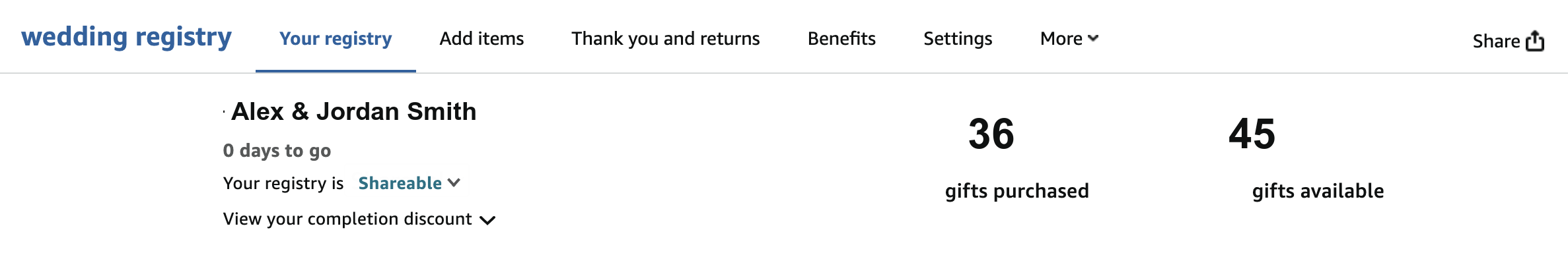Amazon wedding registry landing page showing the "Thank you and returns" tab in the top navigation — that's the one to click
