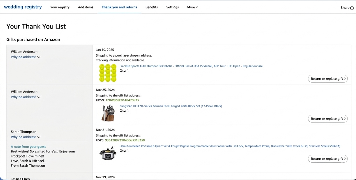 Amazon's "Your Thank You List" page showing three purchased gift rows — each row visible with the purchaser's name, date, shipping note, gift, and (on one) the giver's personal note