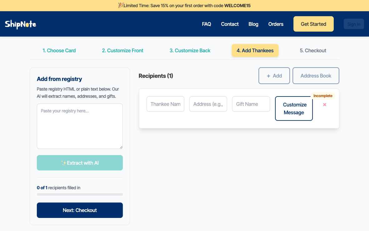ShipNote's Thankees screen with the "Add from registry" paste box and the "Extract with AI" button — drop the Knot Download List or partner-retailer paste here