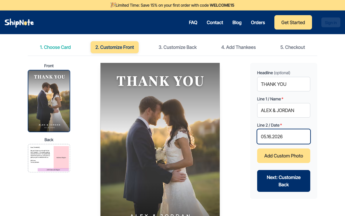 ShipNote's Customize Front screen showing a Magazine Cover wedding postcard with photo, "THANK YOU" headline, and "ALEX & JORDAN / 05.16.2026" — live preview updates as you type