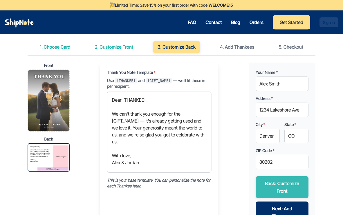 ShipNote's Customize Back screen with a thank-you note template using [THANKEE] and [GIFT_NAME] placeholders, plus a return-address form for the sender
