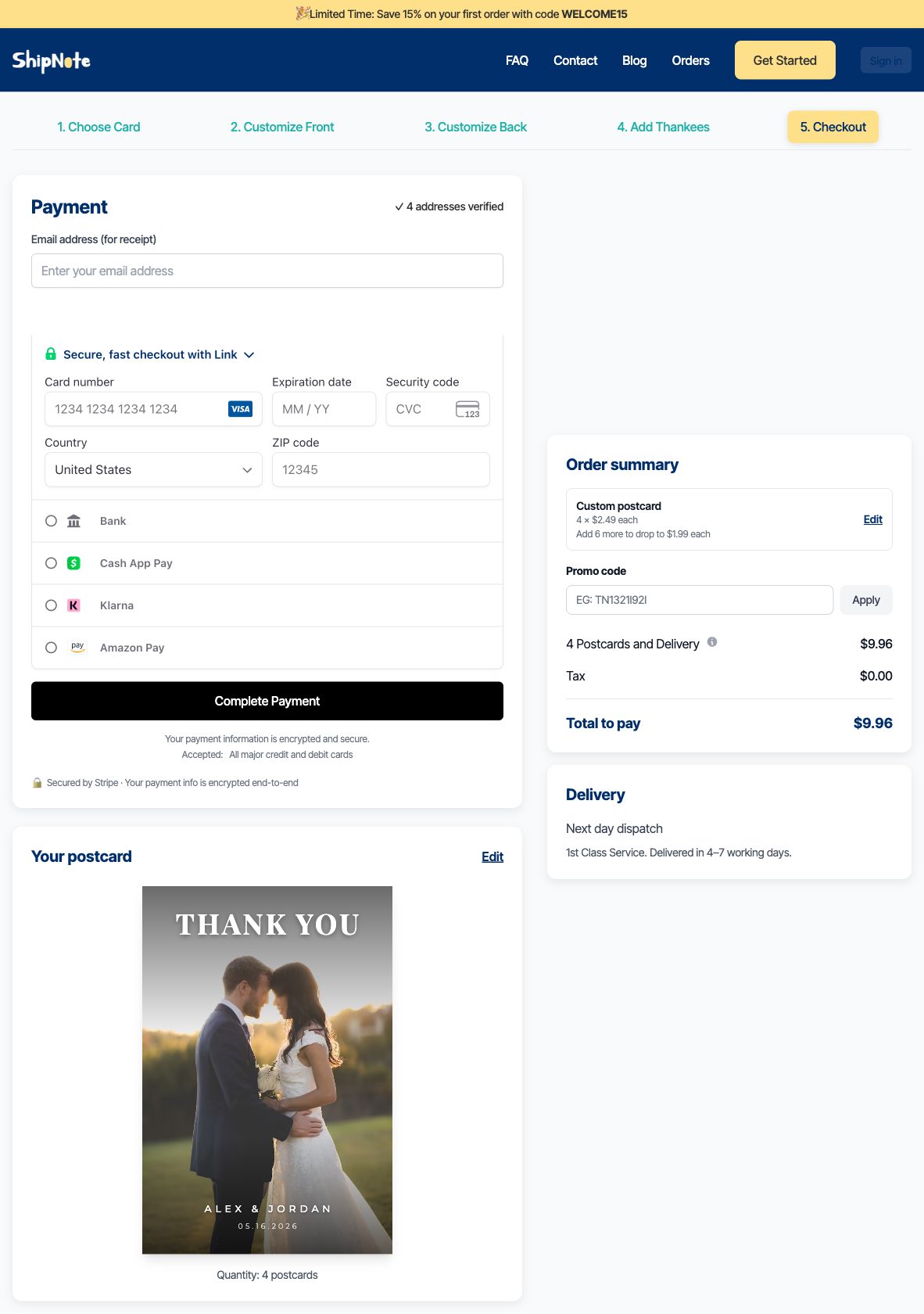 ShipNote checkout page showing a 4-postcard order summary with $9.96 total, "4 addresses verified" badge, "Next day dispatch · 1st Class Service · Delivered in 4–7 working days", and a finished Magazine Cover postcard preview